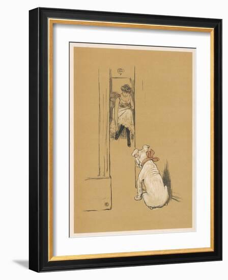 White Bulldog Guards His Master's Friend Pammy While She Changes Her Clothes-Cecil Aldin-Framed Photographic Print