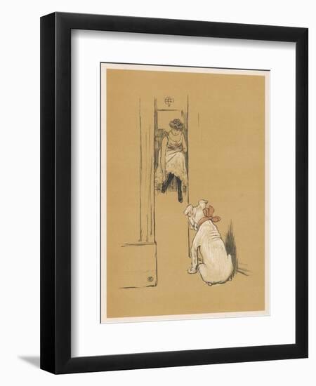 White Bulldog Guards His Master's Friend Pammy While She Changes Her Clothes-Cecil Aldin-Framed Photographic Print