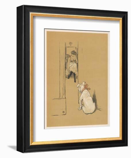 White Bulldog Guards His Master's Friend Pammy While She Changes Her Clothes-Cecil Aldin-Framed Photographic Print