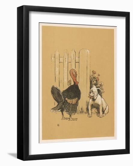 White Bulldog Looks up Enquiringly at a Rather Stern- Looking Turkey Cock-Cecil Aldin-Framed Art Print