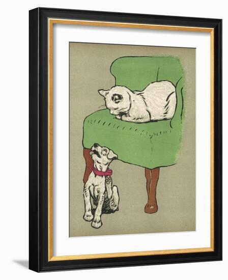 White Cat Relaxes on a Comfy Chair While a White Puppy Tries to Pull His Irritating Collar Off-Cecil Aldin-Framed Photographic Print