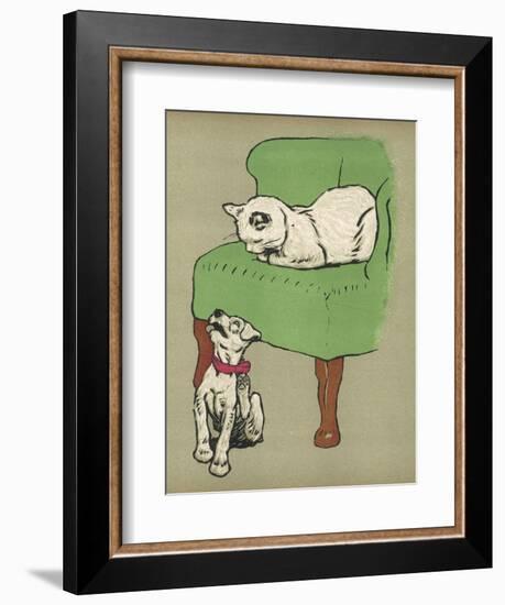 White Cat Relaxes on a Comfy Chair While a White Puppy Tries to Pull His Irritating Collar Off-Cecil Aldin-Framed Photographic Print