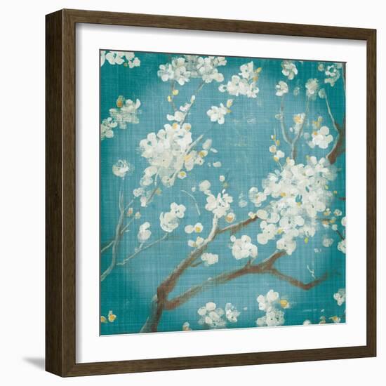 White Cherry Blossoms I on Teal Aged no Bird-Danhui Nai-Framed Art Print