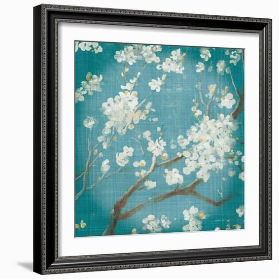 White Cherry Blossoms I on Teal Aged no Bird-Danhui Nai-Framed Art Print