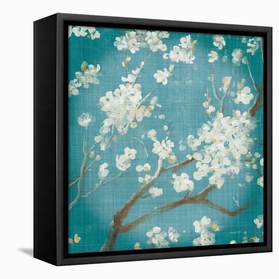 White Cherry Blossoms I on Teal Aged no Bird-Danhui Nai-Framed Stretched Canvas