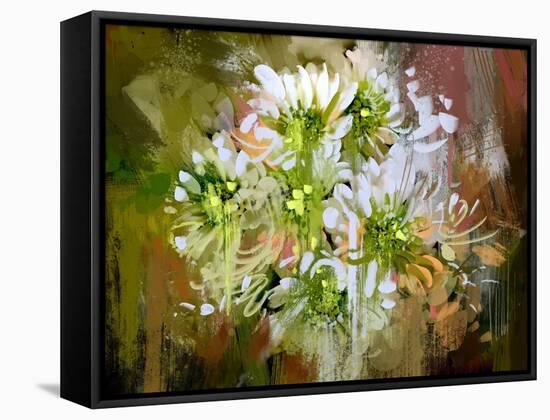 White Chrysanthemum Flowers,Abstract Digital Painting-Tithi Luadthong-Framed Stretched Canvas