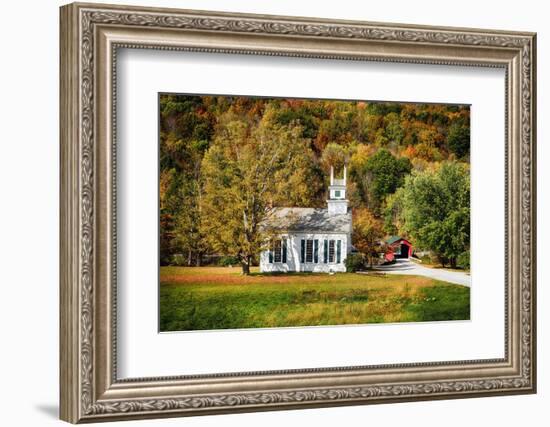 White Church And Red Covered Bridge-George Oze-Framed Photographic Print