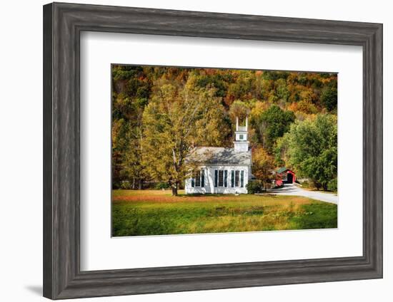 White Church And Red Covered Bridge-George Oze-Framed Photographic Print