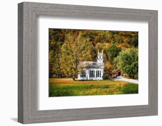 White Church And Red Covered Bridge-George Oze-Framed Photographic Print