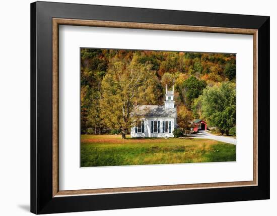 White Church And Red Covered Bridge-George Oze-Framed Photographic Print