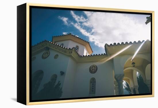 White Church in Greece-Clive Nolan-Framed Premier Image Canvas