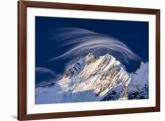 White cloud at dawn lights up Piz Bernina and Biancograt, Engadine, Canton of Graubunden, Engadine,-Roberto Moiola-Framed Photographic Print