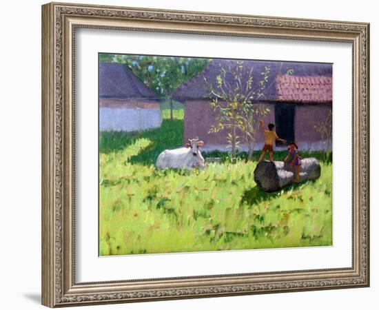 White Cow and Two Children,Mankotta Island, Kerala, India-Andrew Macara-Framed Giclee Print