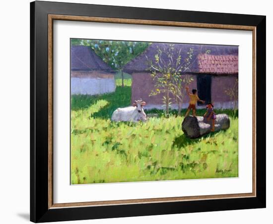 White Cow and Two Children,Mankotta Island, Kerala, India-Andrew Macara-Framed Giclee Print