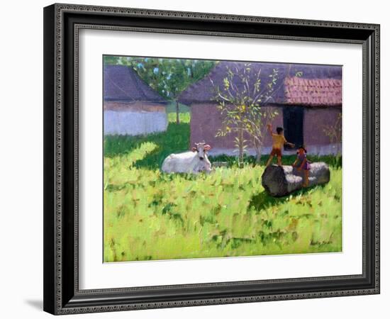 White Cow and Two Children,Mankotta Island, Kerala, India-Andrew Macara-Framed Giclee Print