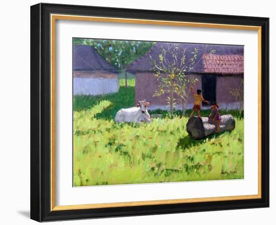 White Cow and Two Children,Mankotta Island, Kerala, India-Andrew Macara-Framed Giclee Print