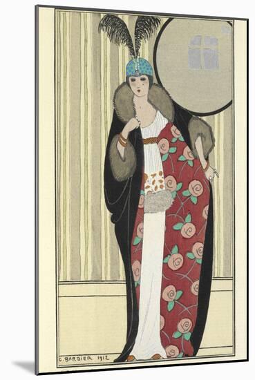 White crepe de chine dress trimmed with fox Otter coat and skunks-Georges Barbier-Mounted Giclee Print