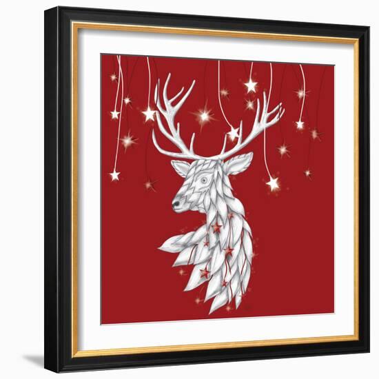 White Deer and Hanging Stars-Fab Funky-Framed Art Print