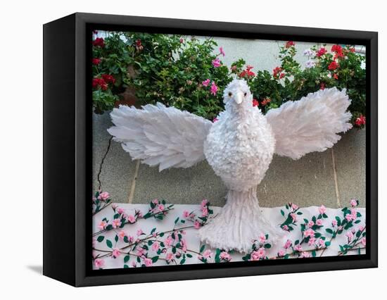 White dove made of feathers, symbolizing Holy Spirit. Festa dos Tabuleiros celebration in Portugal.-Julie Eggers-Framed Premier Image Canvas
