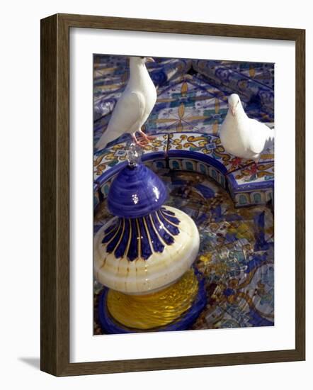 White Doves in Plaza Tiled Fountain, Sevilla, Spain-John & Lisa Merrill-Framed Photographic Print