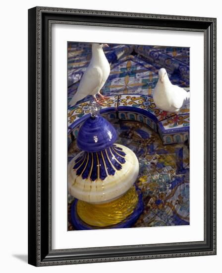 White Doves in Plaza Tiled Fountain, Sevilla, Spain-John & Lisa Merrill-Framed Photographic Print