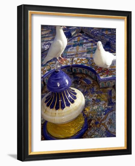 White Doves in Plaza Tiled Fountain, Sevilla, Spain-John & Lisa Merrill-Framed Photographic Print