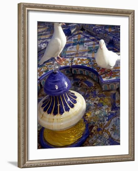 White Doves in Plaza Tiled Fountain, Sevilla, Spain-John & Lisa Merrill-Framed Photographic Print