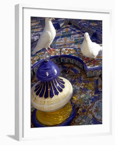 White Doves in Plaza Tiled Fountain, Sevilla, Spain-John & Lisa Merrill-Framed Photographic Print