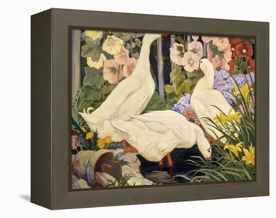 White Ducks and Hollyhocks-Jesse Arms Botke-Framed Stretched Canvas