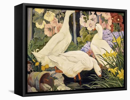 White Ducks and Hollyhocks-Jesse Arms Botke-Framed Stretched Canvas