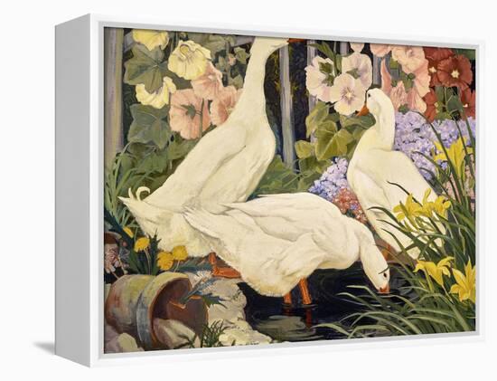 White Ducks and Hollyhocks-Jesse Arms Botke-Framed Stretched Canvas