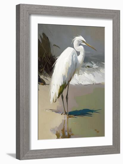 White Egret on the beach-Vivienne Dupont-Framed Art Print