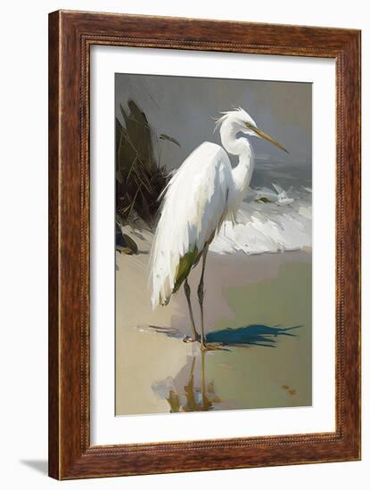 White Egret on the beach-Vivienne Dupont-Framed Art Print