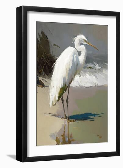 White Egret on the beach-Vivienne Dupont-Framed Art Print