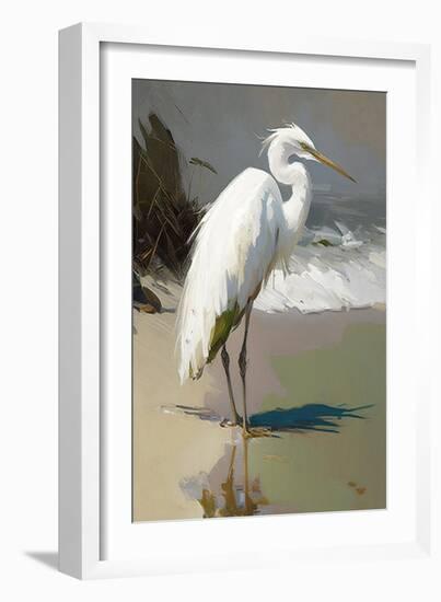 White Egret on the beach-Vivienne Dupont-Framed Art Print