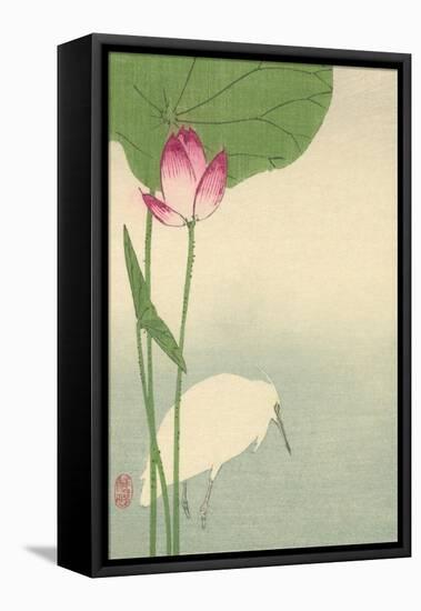 White Heron and Lotus-Baison-Framed Stretched Canvas
