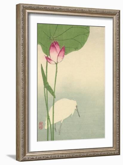 White Heron and Lotus-Baison-Framed Premium Giclee Print