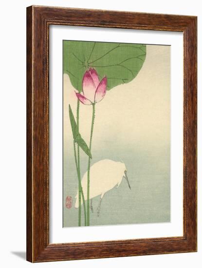White Heron and Lotus-Baison-Framed Art Print