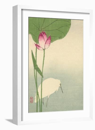 White Heron and Lotus-Baison-Framed Art Print