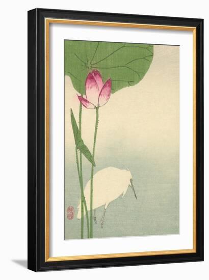 White Heron and Lotus-Baison-Framed Art Print