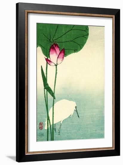 White Heron with Lotus in Water Vintage Japanese Woodblock Print-null-Framed Premium Giclee Print