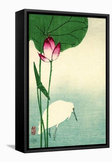 White Heron with Lotus in Water Vintage Japanese Woodblock Print-null-Framed Stretched Canvas