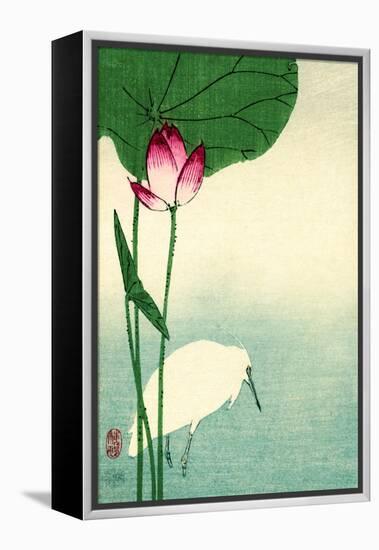 White Heron with Lotus in Water Vintage Japanese Woodblock Print-null-Framed Stretched Canvas