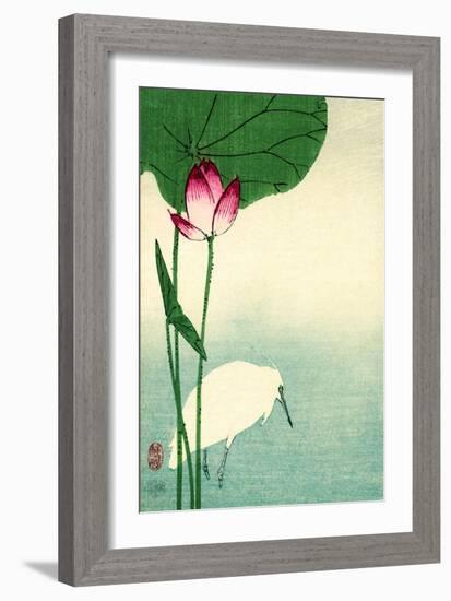 White Heron with Lotus in Water Vintage Japanese Woodblock Print-null-Framed Art Print