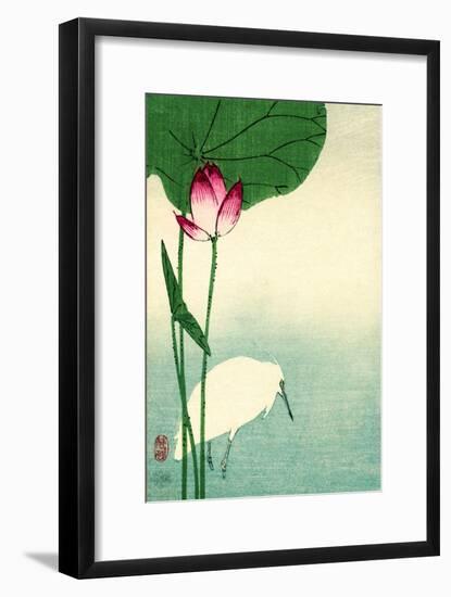 White Heron with Lotus in Water Vintage Japanese Woodblock Print-null-Framed Art Print