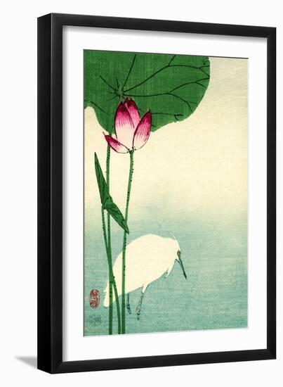 White Heron with Lotus in Water Vintage Japanese Woodblock Print-null-Framed Art Print