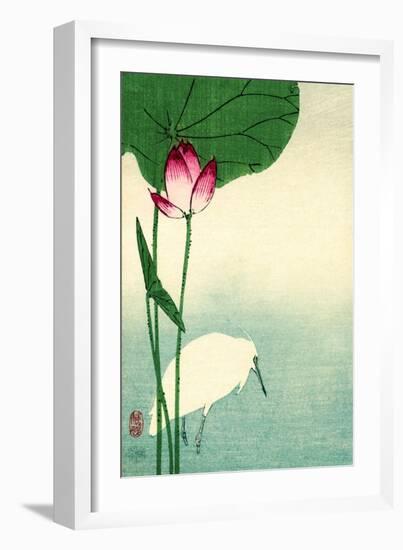 White Heron with Lotus in Water Vintage Japanese Woodblock Print-null-Framed Art Print