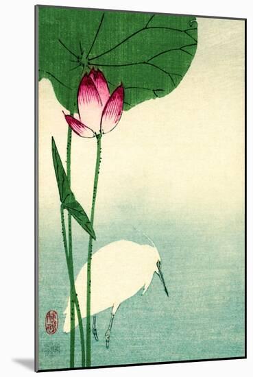 White Heron with Lotus in Water Vintage Japanese Woodblock Print-null-Mounted Art Print