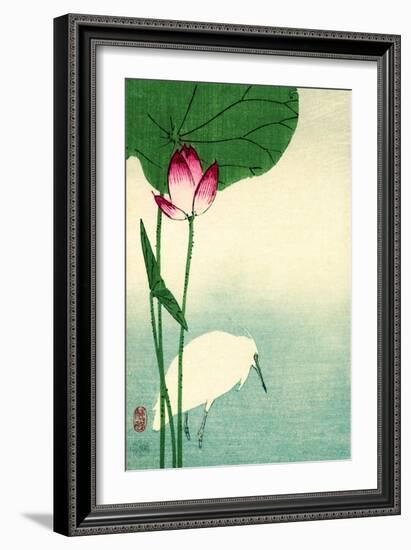 White Heron with Lotus in Water Vintage Japanese Woodblock Print-null-Framed Art Print