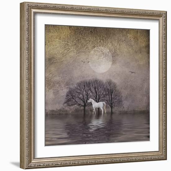 White Horse in Pond-Dawne Polis-Framed Art Print